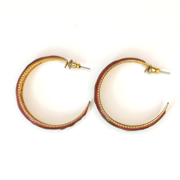 Vintage 80s 90s Gold-Tone Red & Green Enamel Hoop Earrings 1.5" Diameter - Picture 2 of 4